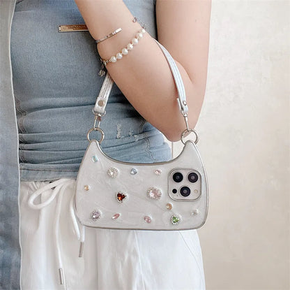 Jewel Mini Bag Case with Rhinestones & Shoulder Straps for iPhone